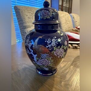 Mid Century Japanese Cobalt Blue Peacock Cherry Blossom Ginger Jar / Vase